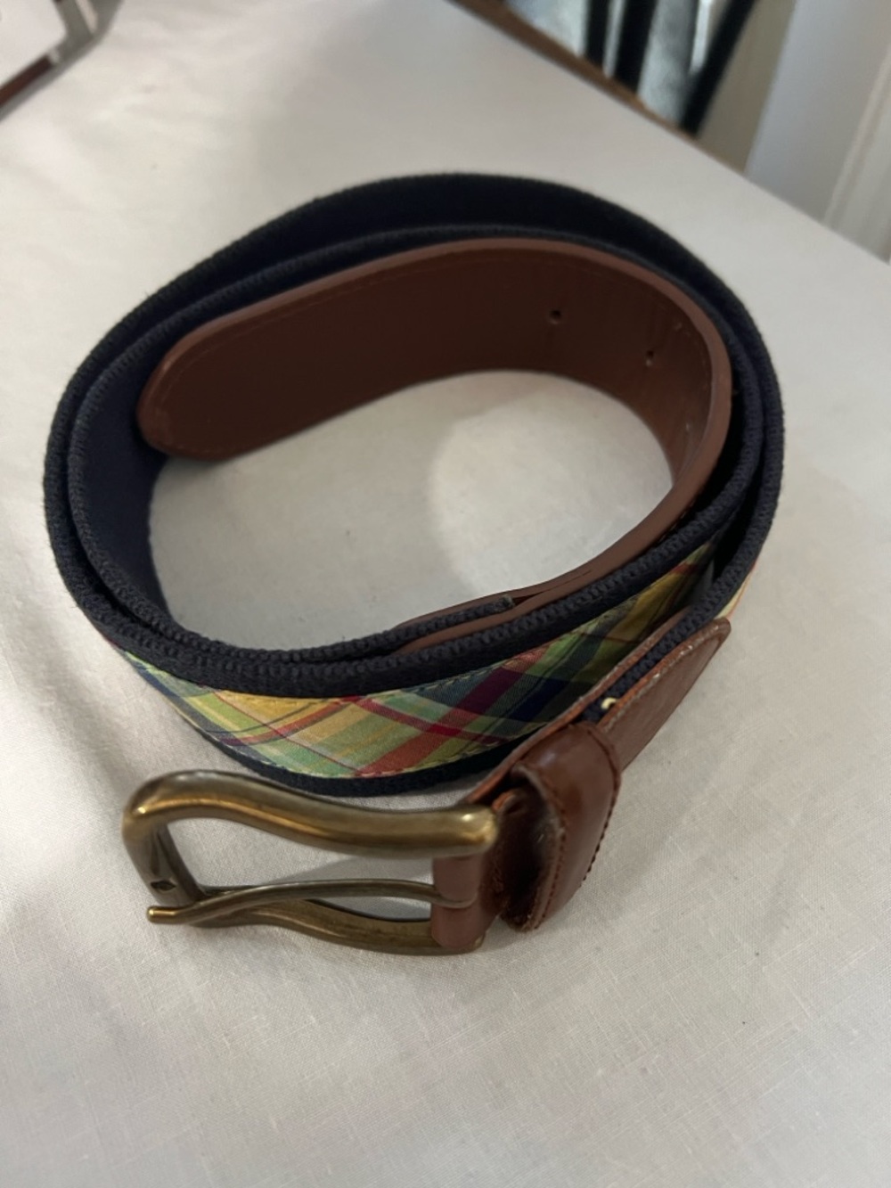 Plaid Trim Navy Webbing Men's Belt with Brown Leather